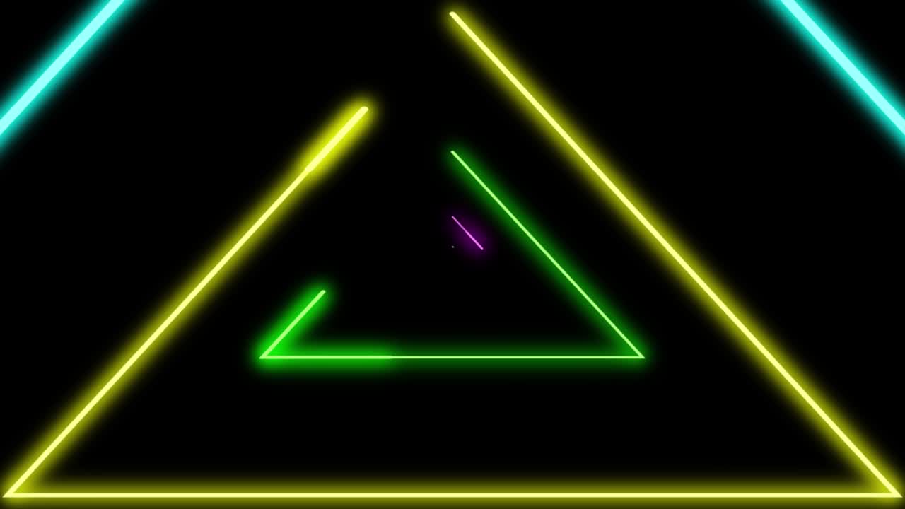 fondo abstracto con luces de neón triángulos, animación en bucle. líneas brillantes de colores en fondo negro