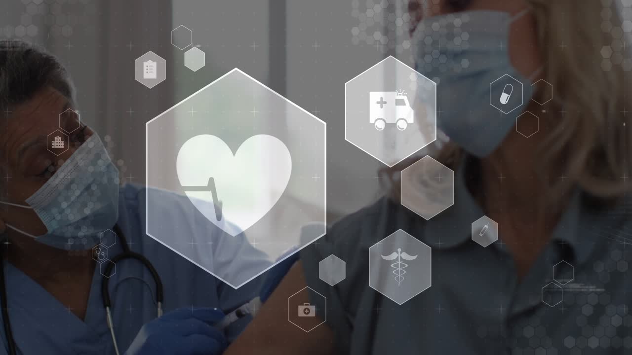 Vídeo vertical: Enfermera alineando jeringa, paciente exponiendo el brazo, insertando la vacuna mientras un ECG hexagonal se anima.