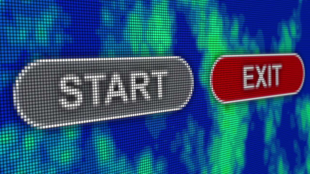 los botones de salida de inicio de píxeles animación de la pantalla de la computadora de cerca