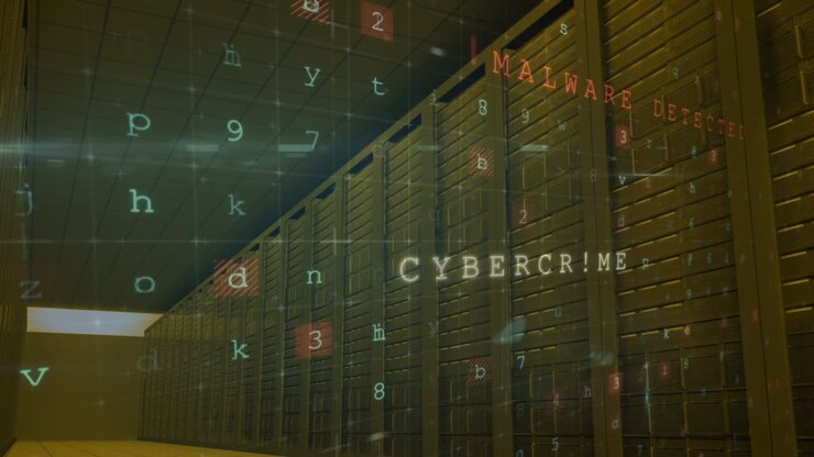 Animation of cyber attack warning over server room