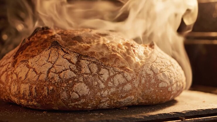 Crusty Loaf Baking to Perfection: A Steamy Process Revealed in This Close-Up Journey of Freshly Baked Bread Rising in the Oven