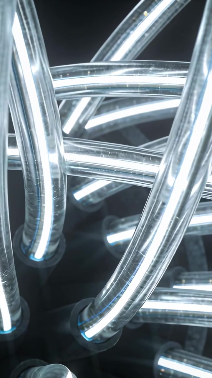 Vertical video: Camera pulling back to reveal clear tubes weaving in studio into sockets with LED