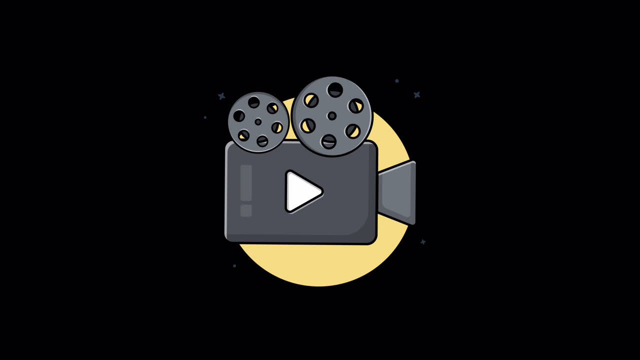 Animated Cartoon Film Camera Icon with Rotating Reels