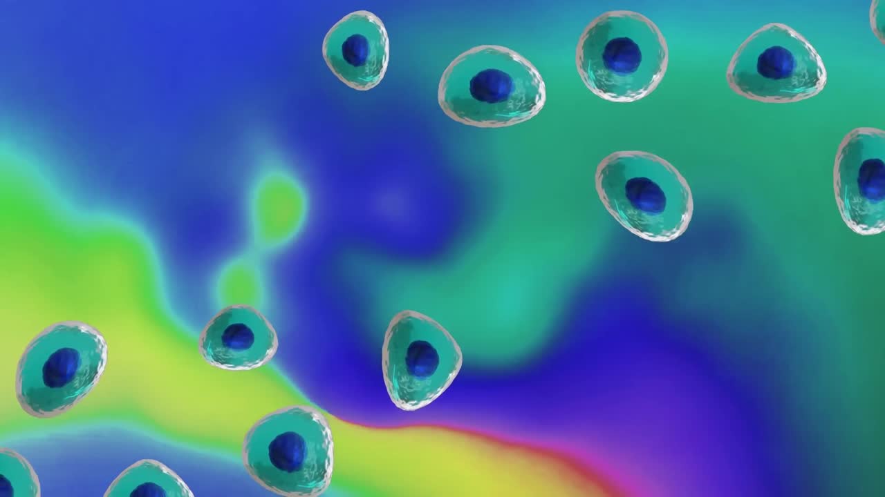 animación de micro de células azules y turquesas sobre un fondo de colores vibrantes