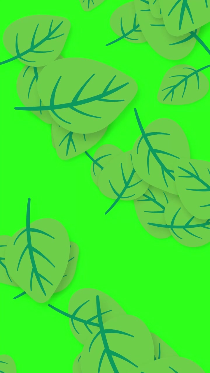 Stylized green leaves fall and tumble across a bright green backdrop in vertical orientation.