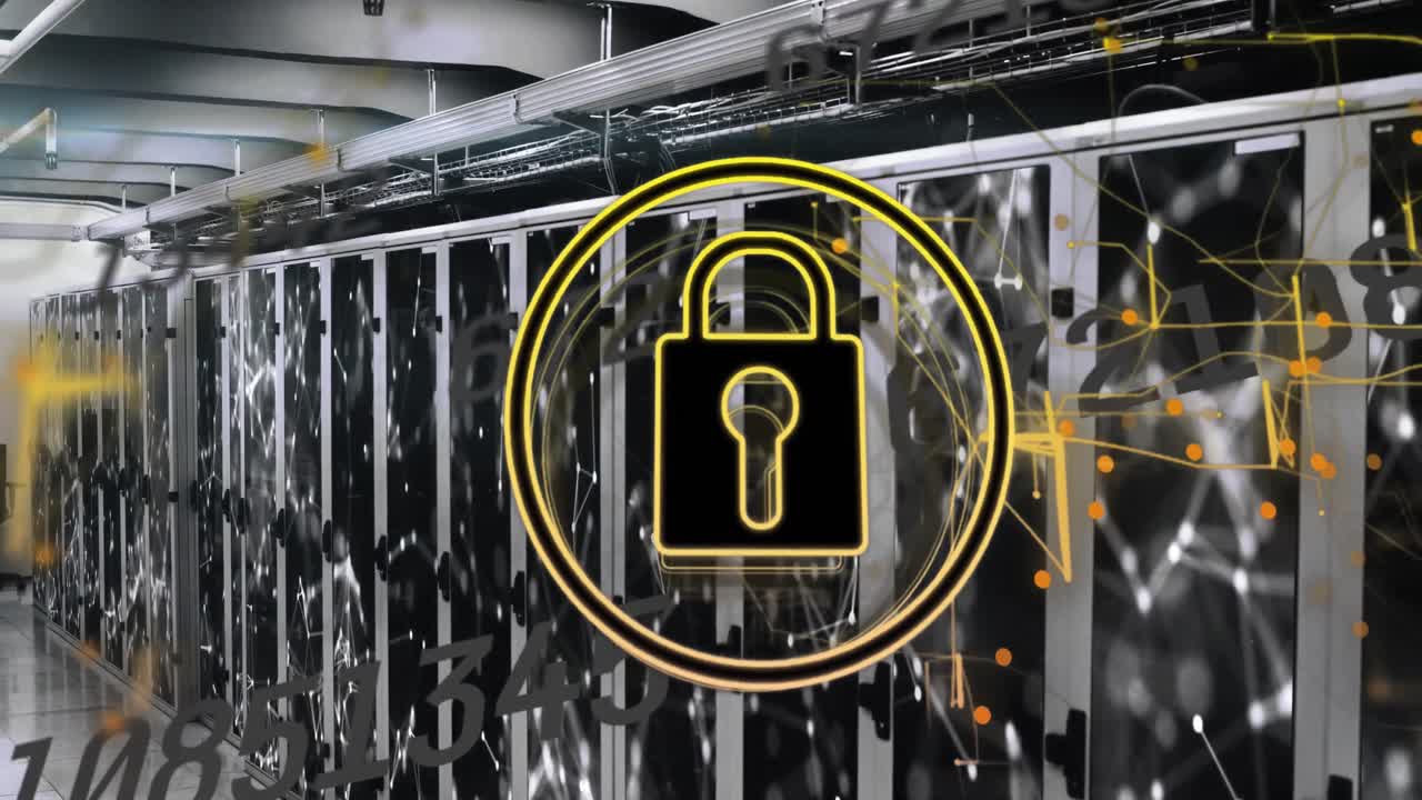 Animation of padlock in circle and changing numbers over connected dots on data server racks