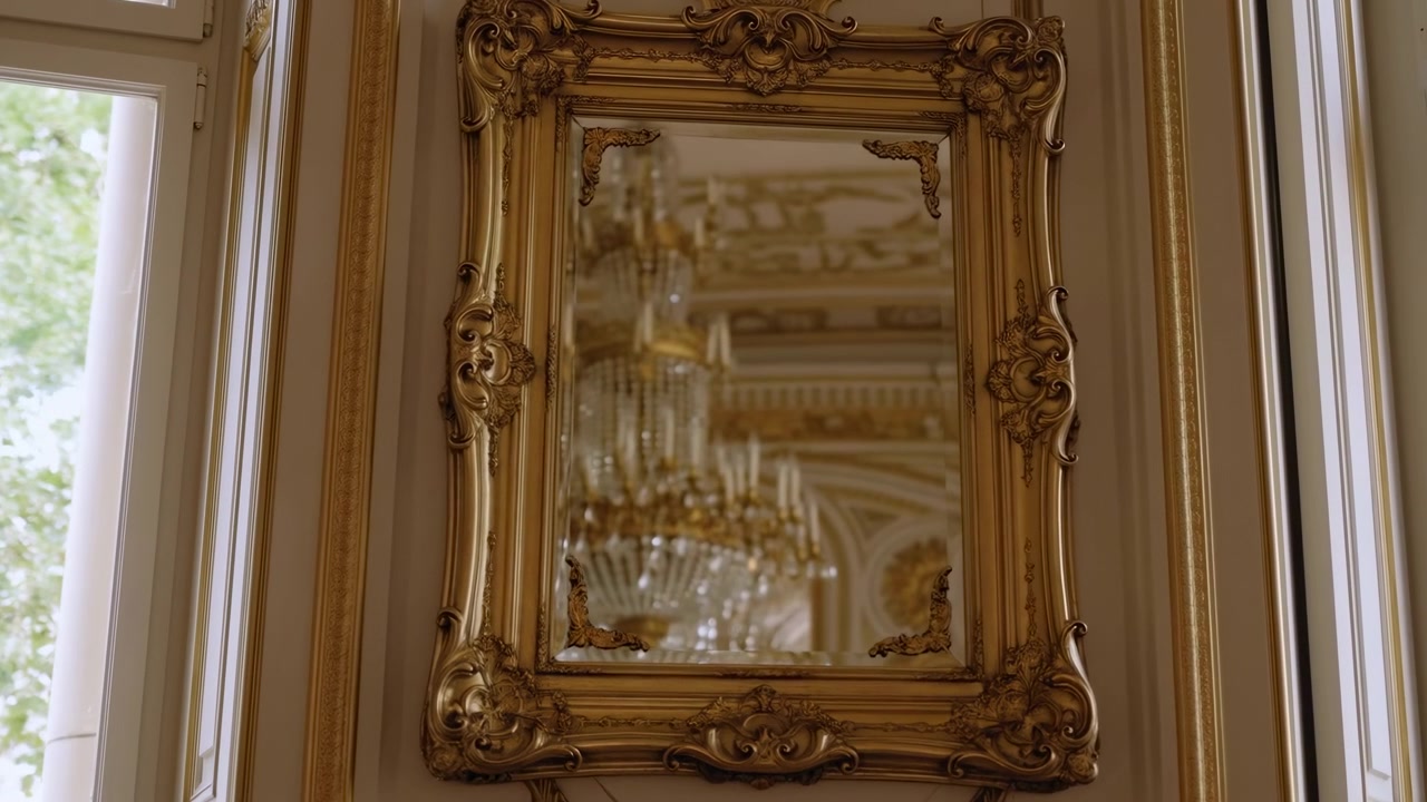 Vista verticale all'altezza degli occhi di uno specchio dorato e ornato su una parete decorativa tra due alte finestre a ghigliottina, che riflette un lampadario di cristallo e i dettagli classici dell'interno circostante in una calda luce diurna.