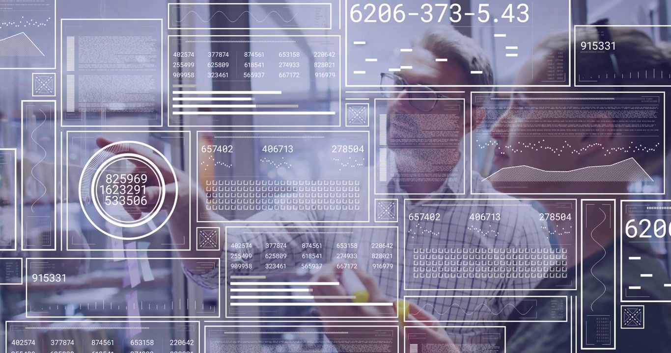 Colleagues pointing clear board and tapping tablet launching live data panels for business insight