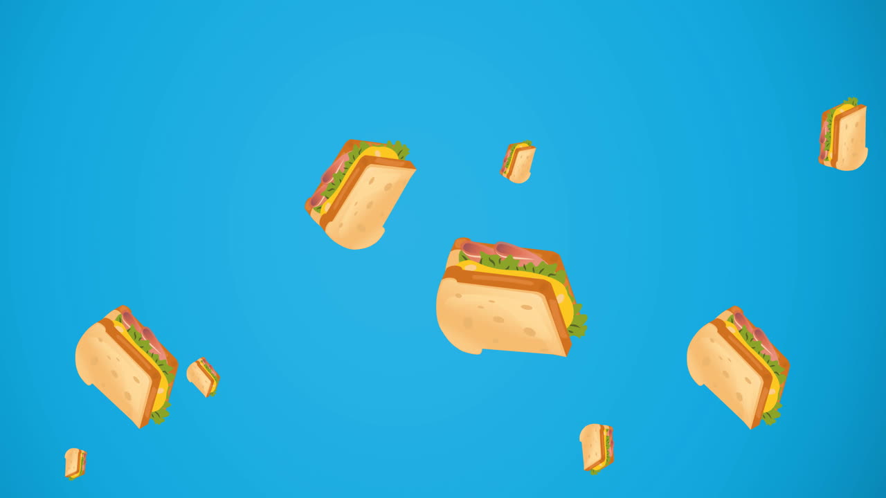 animación de varios sándwiches de queso flotando sobre un fondo azul