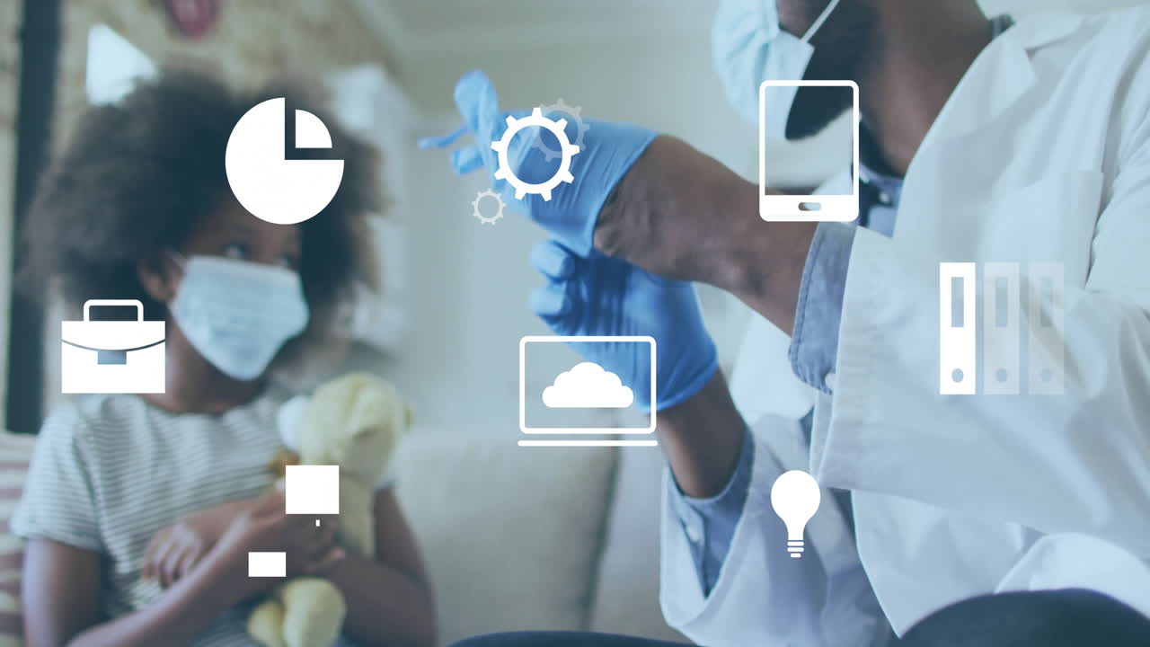 In hospital, healthcare professional using animation with child holding teddy bear