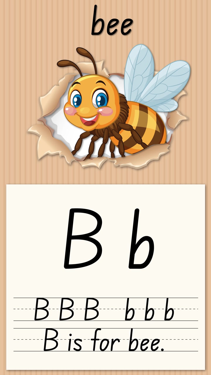 Video educativo animato insegna la lettera B usando un'ape dei cartoni animati e linee per la pratica della scrittura a mano