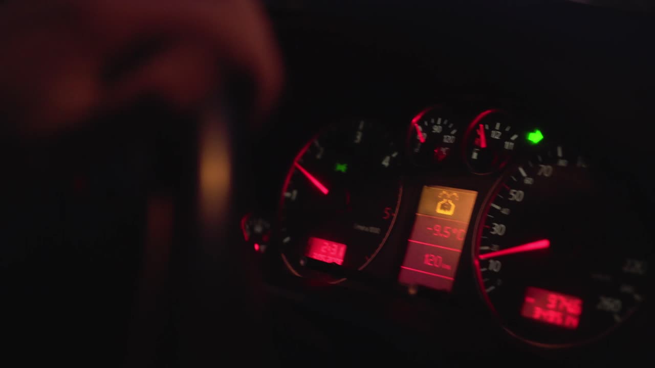 Car dashboard and orange symbol of empty or low windscreen washer fluid, closeup