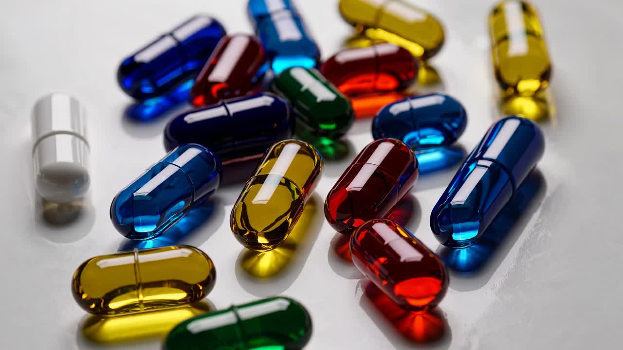 Close-up video shot of colorful capsules scattered on a reflective surface, highlighting vibrant