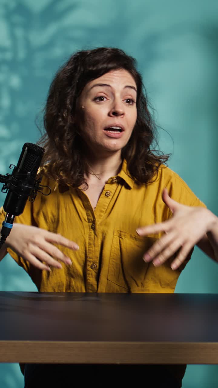 Podcaster donna che parla e gesticola al microfono in studio