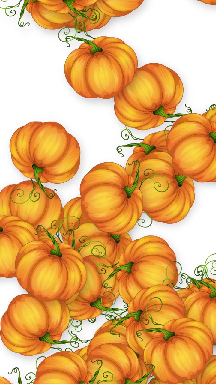 Animated orange pumpkins with green vines fall vertically against a clean white background.