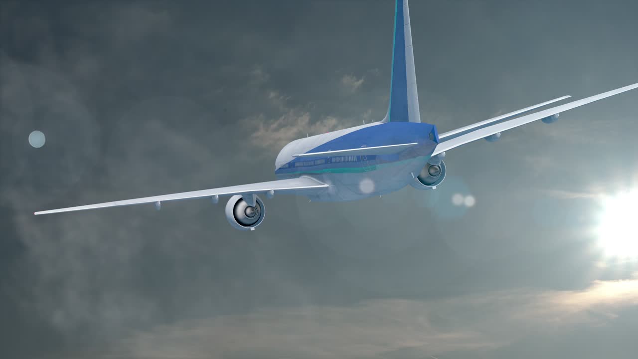 путешествие самолетом, летящим в облачном небе анимация