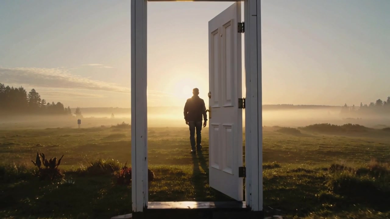 Aufgehende Sonne lässt Tür auf Feld aufschwingen, Mann geht ins Licht, dunkle Jacke und Hose.