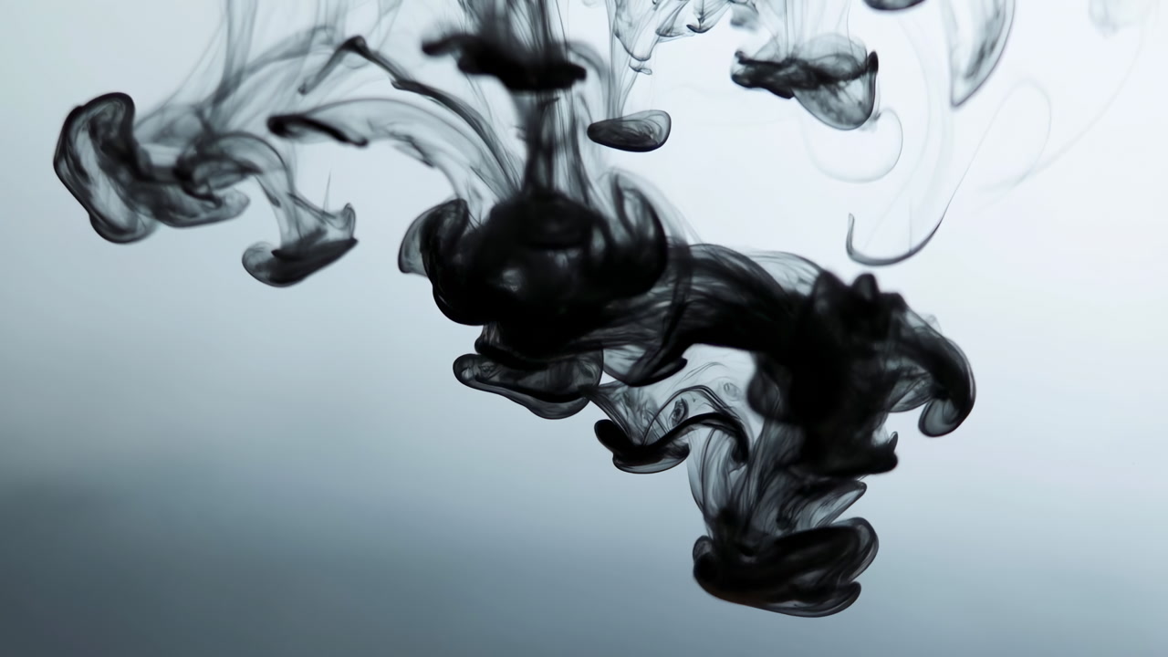 Black Ink Swirling Through Clear Water, Fluid Diffusion Creating Dramatic Monochrome Shapes, Slowmotion Studio