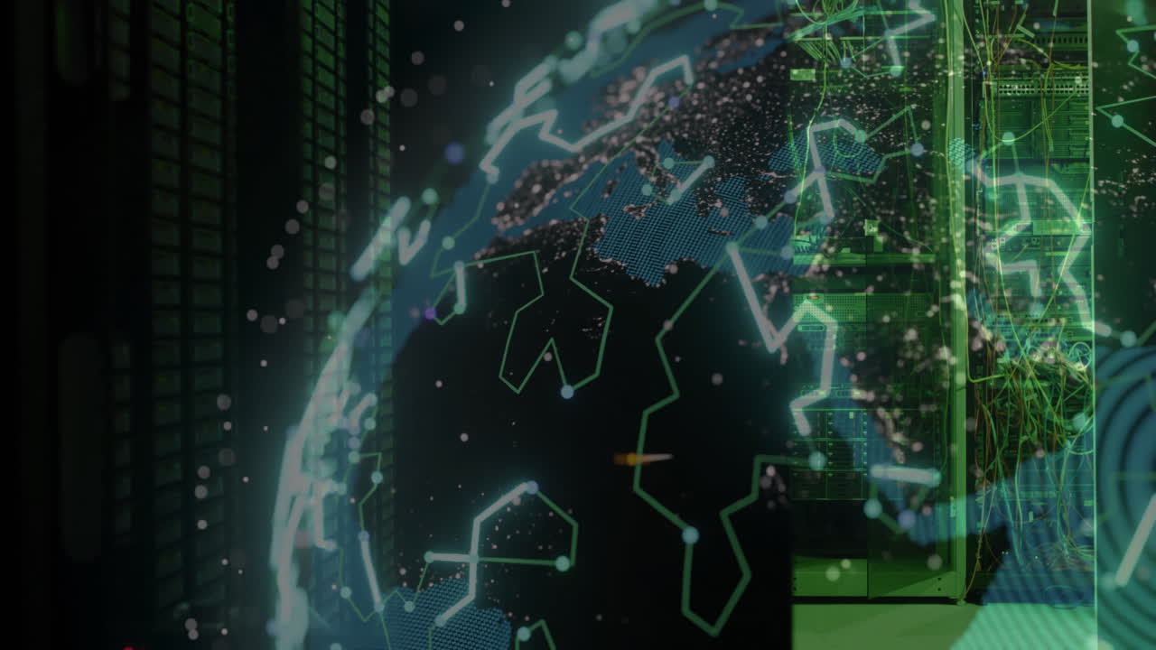 Animation of globe with connections over computer server