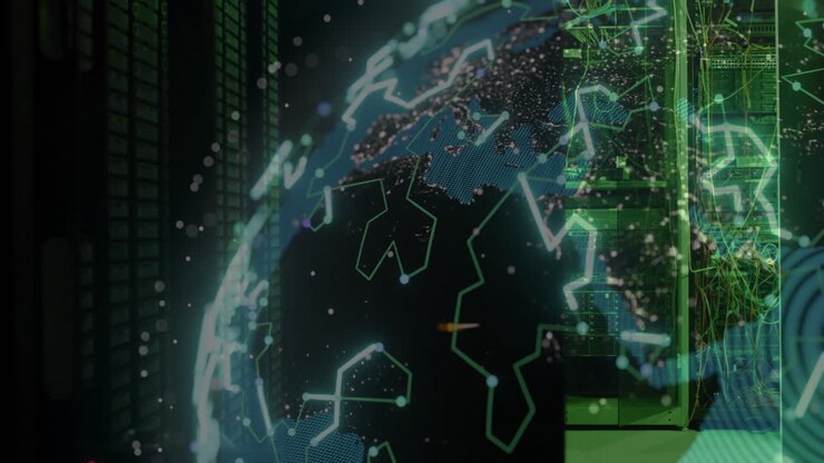 Animation of globe with connections over computer server