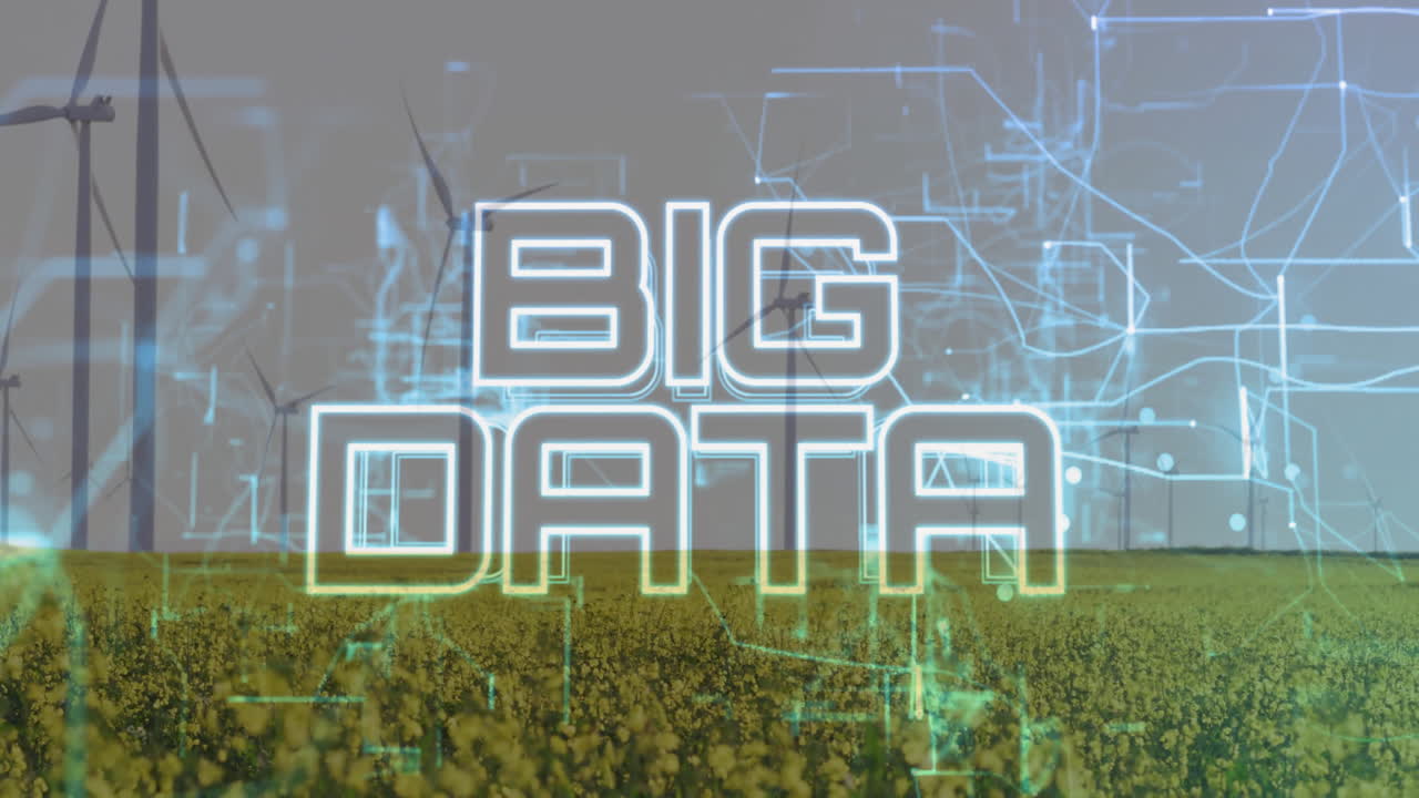 Neon BIG DATA sign glowing over yellow crops, blending digital circuits and rising wind turbines