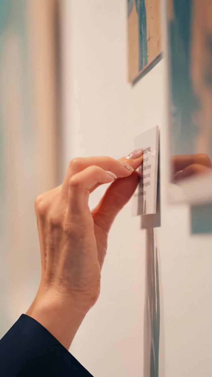 Un Individuo con Opere d'Arte in un Contesto di Galleria, Osserva Testi Esplicativi sulla Parete Mentre è Immerso in un Momento Riflessivo di Apprezzamento