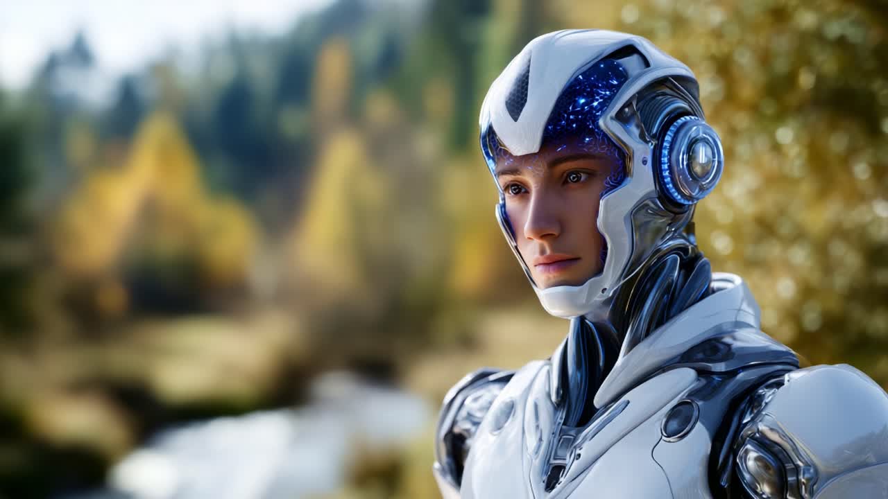 Un robot umanoide futuristico con un design elegante, che mette in mostra una tecnologia avanzata e un volto espressivo, ambientato in un paesaggio naturale e vivace dai colori autunnali