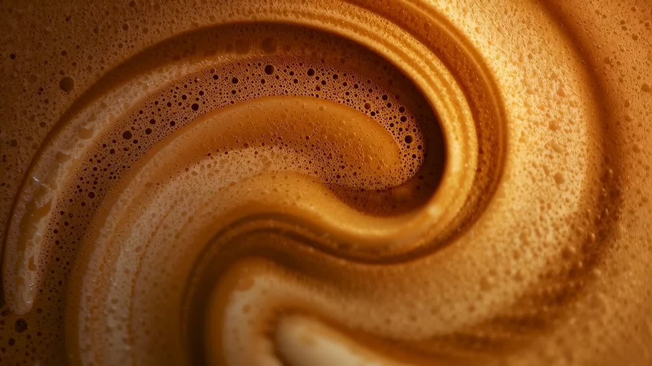 Swirling cup of coffee surface settling after pouring espresso at counter, with crema patterns