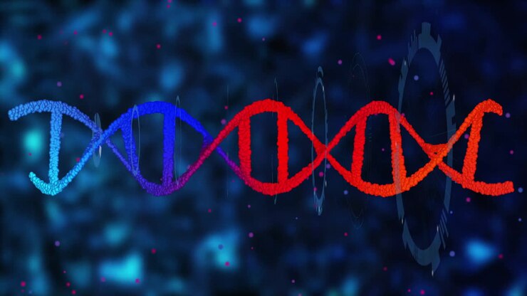 Processing scientific data, DNA strand with binary coding animation in background
