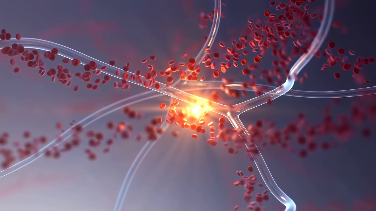 Abstract scene with translucent curved strands, drifting red particles, and a bright central light forming a glowing biological network with fluid motion