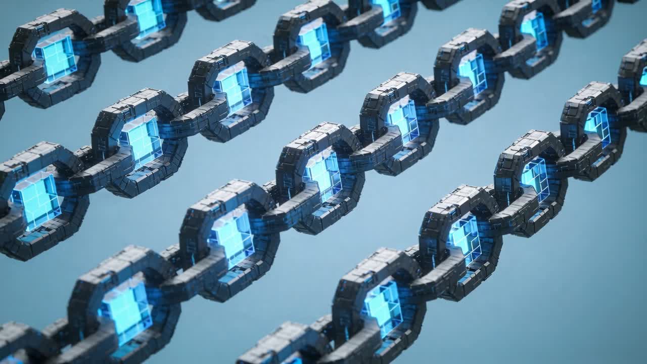 Dollying camera revealing parallel metallic chain strands in studio, exposing glowing blue modules