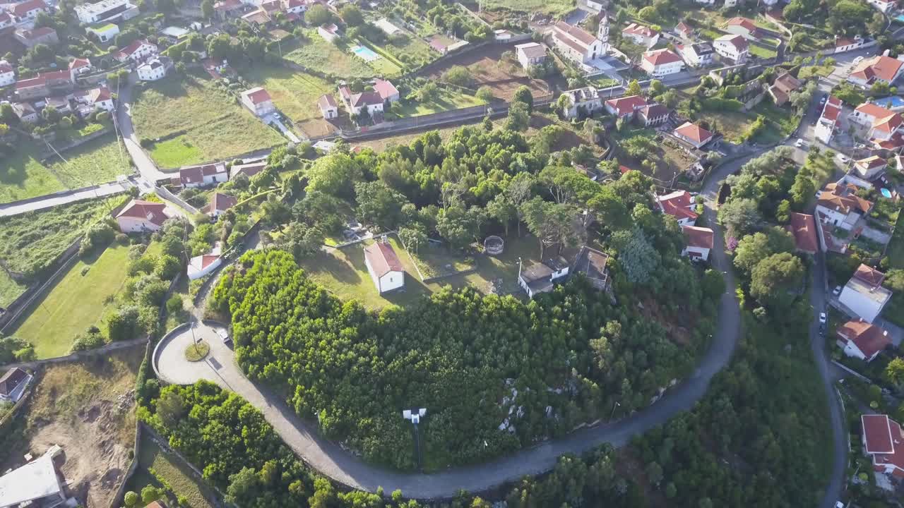 Birdseye view of small church in afife, Viana do Castelo in a sunny day