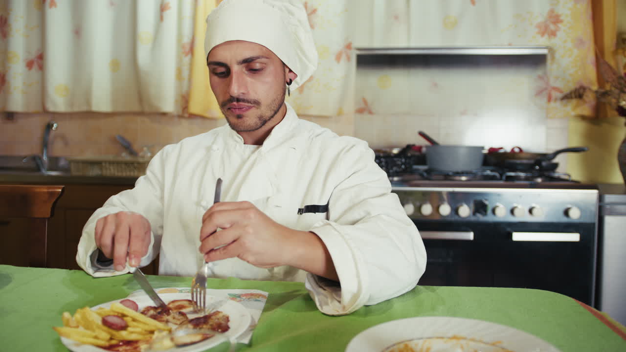 Chef eating lunch in the kitchen