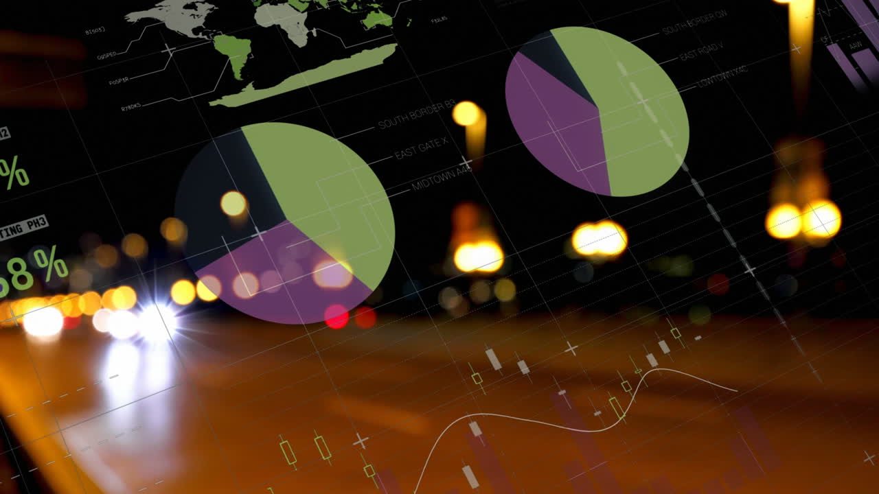 animación del procesamiento de estadísticas sobre luces desenfocadas y paisaje urbano