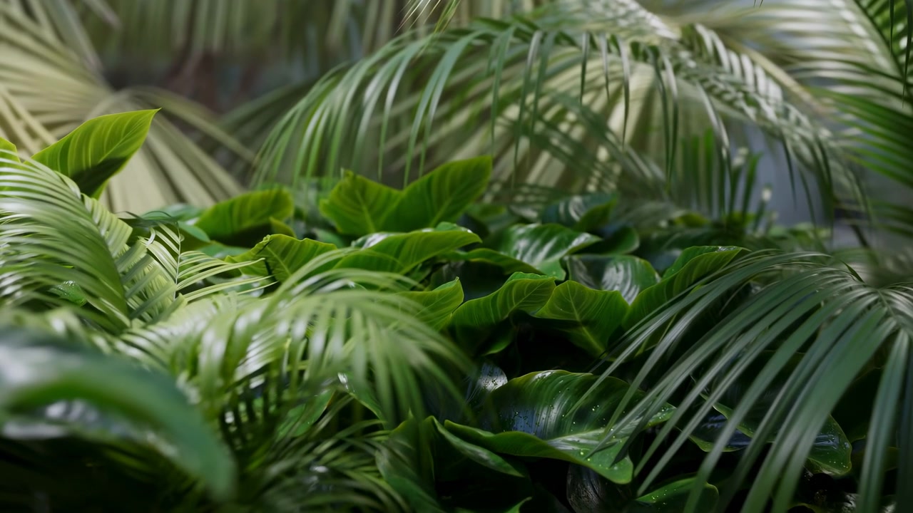 Fitta vegetazione tropicale che riempie l'inquadratura con fronde di palma a strati e ampie foglie lucide. Una luce direzionale soffusa dall'alto a sinistra crea punti luce e delicate ombre.