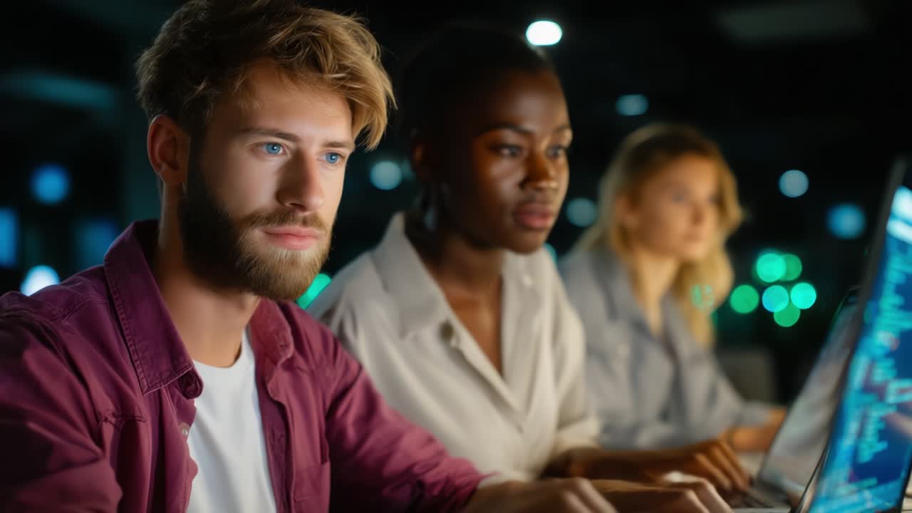 Focused Collaboration: A Group of Young Professionals Engaged in Serious Work at Their Laptops, with a Dark Background Enhanced by Distant Colorful Lights, Highlighting Teamwork and Digital Innovation