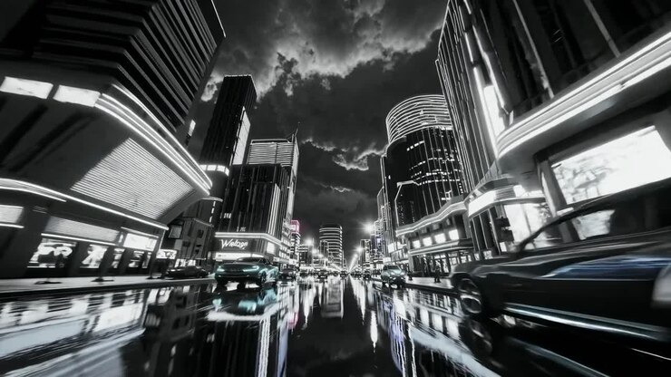 Futuristic cityscape at night with neon lights, captured from a low-angle, creating a dynamic video