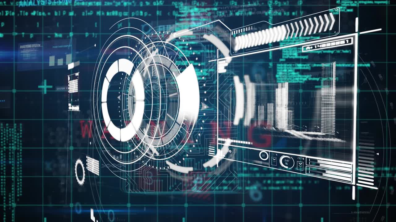 Animation of processing circle over diverse data, folders and digital padlock