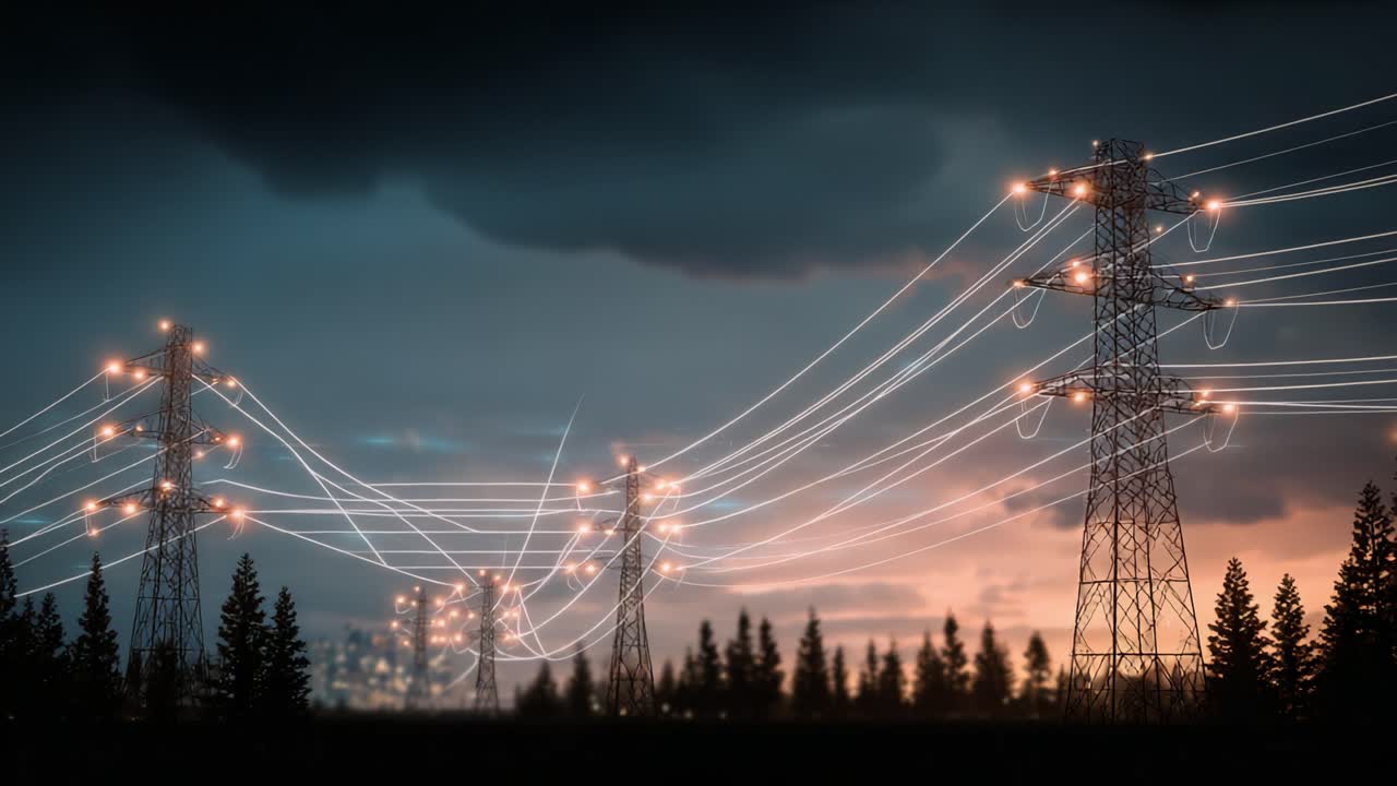Electricity Transmission Towers Illuminated Against a Dramatic Sky, Showcasing Power Lines Stretching Across a Scenic Landscape during Sunset