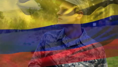 Animación-De-La-Bandera-De-Colombia-Sobre-Un-Soldado-Caucásico-Con-Arma