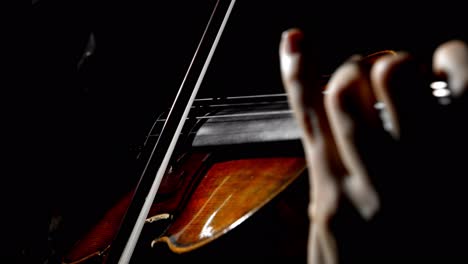 un primer plano extremo de la mano de un músico tocando el violín
