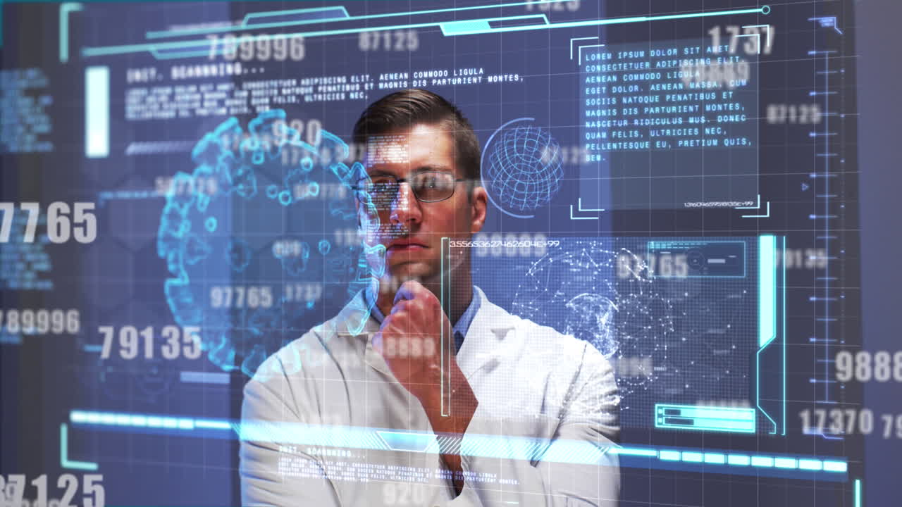 Digital interface with covid-19 cell and data processing against thoughtful caucasian male doctor