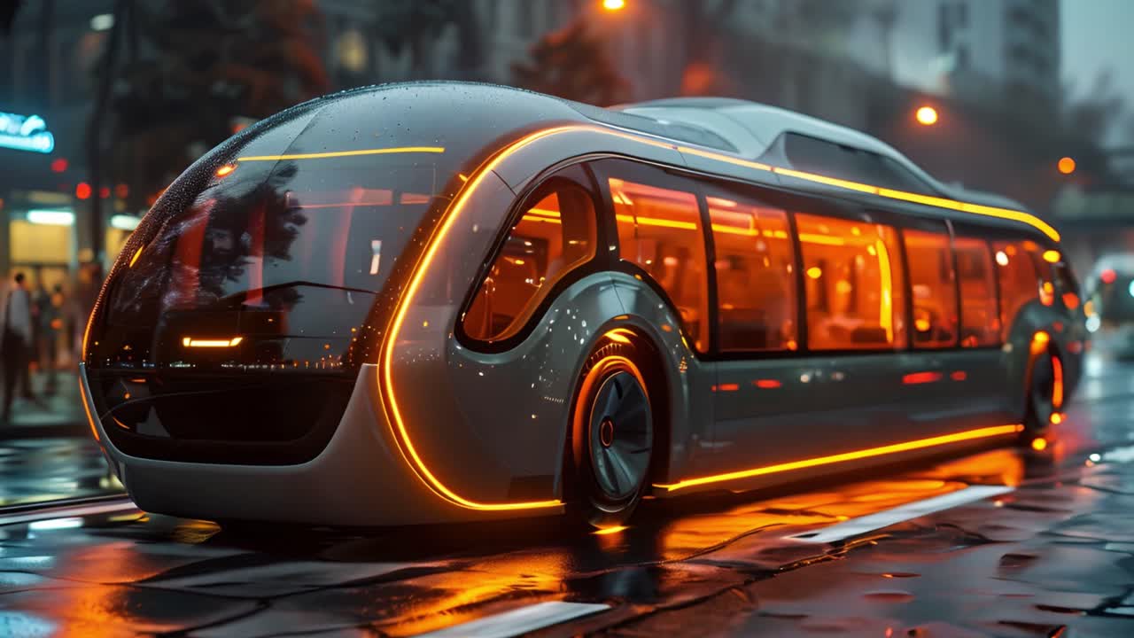 Futuristic Concept Bus with Orange Neon Glow on a Wet City Street at Night