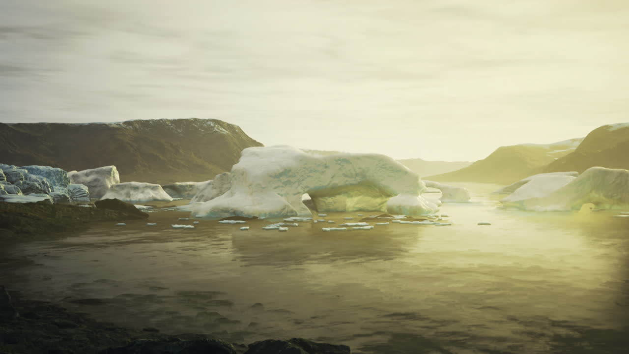 氷が浮かぶ穏やかな湾と、霧のかかった空の下の静かな海岸風景