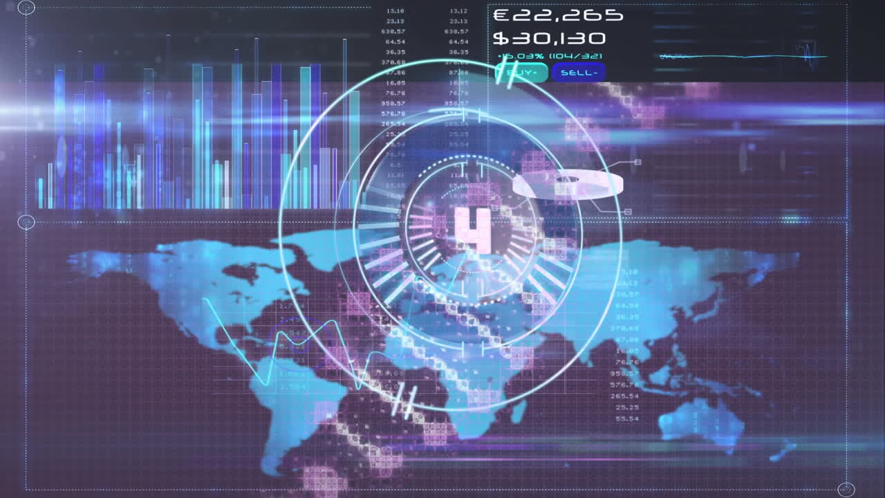 animación de escaneo de alcance con mapa del mundo y procesamiento de datos en pantalla