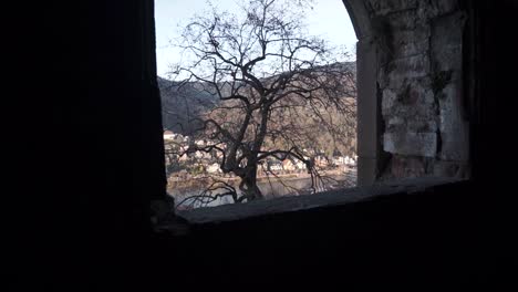 scenic view from a castle window: a picturesque river town