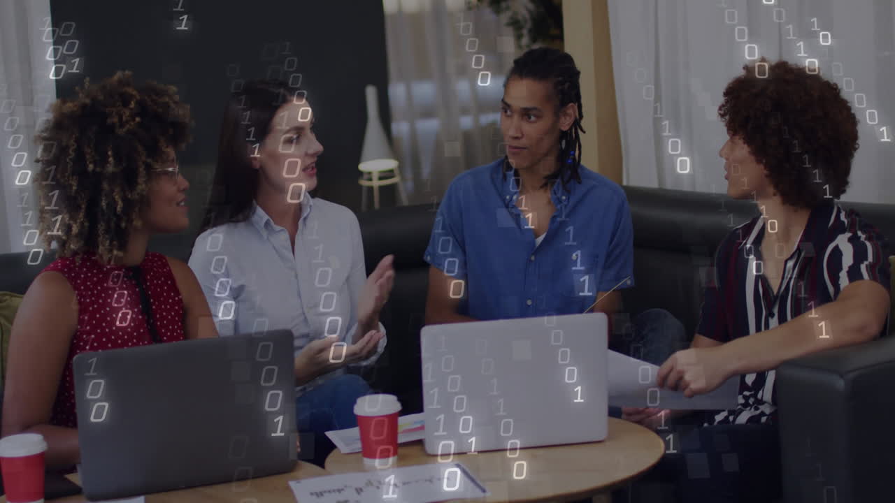 Discussing project, diverse group with binary code animation in school setting