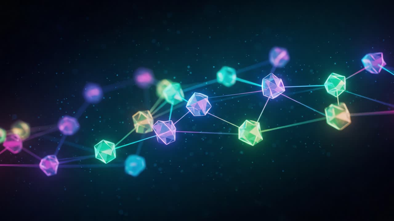 Abstract Visual Representation of Geometric Networks with Vibrant Colors and Light Effects Showcasing Complex Connections Between Polygons in a Dark Background