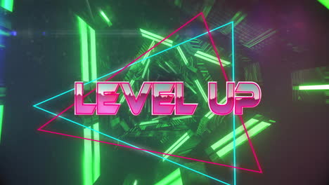 Animation-of-level-up-text-over-neon-pattern-background