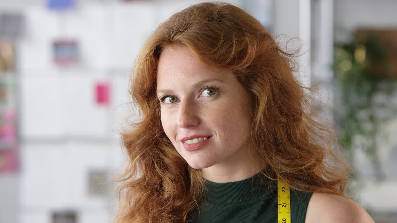 портрет студентки или владельца бизнеса с измерительной лентой, работающего в моде, сидящего на столе